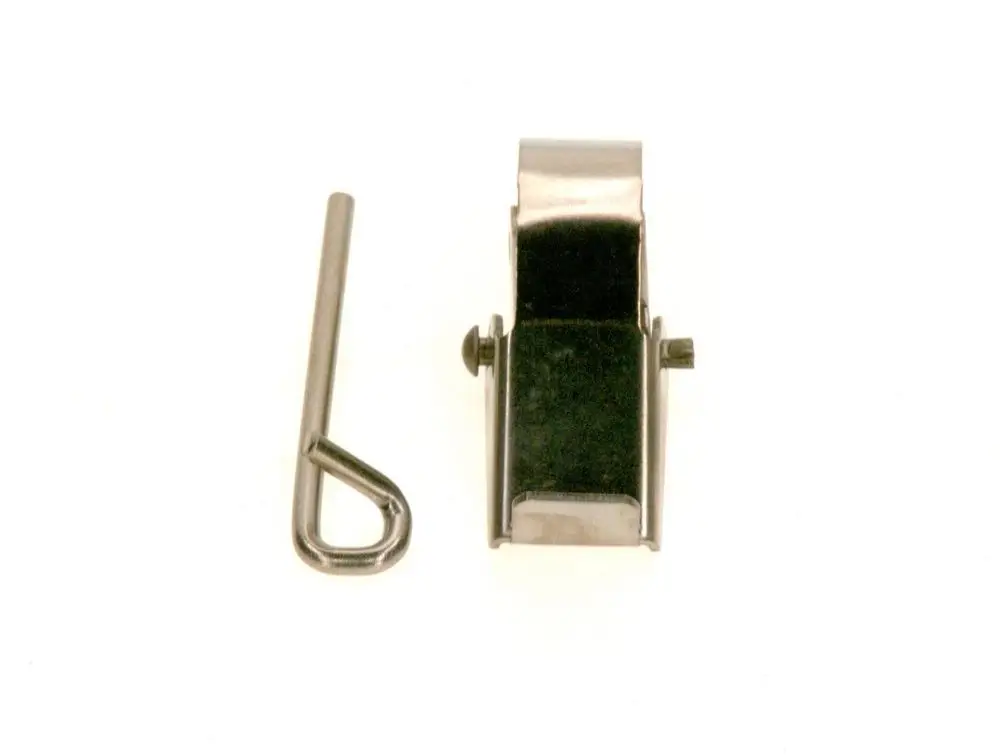 BOSCH Klemmbügel in metallischer Ausführung, daneben ein Sicherungsstift. Beide Teile haben eine einfache, funktionale Form ohne weitere Beschriftungen oder besondere Merkmale.